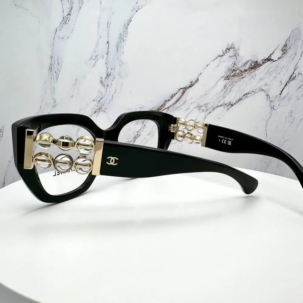 New CHANEL Eyeglasses Black Gold Cat Eye Clear Rotating Pearls 52mm - Picture 9 of 15